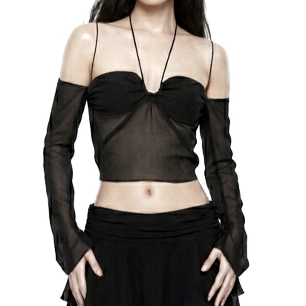 GUIZIO XXS Sheer Halter Off-Shoulder Cropped Chiffon Top